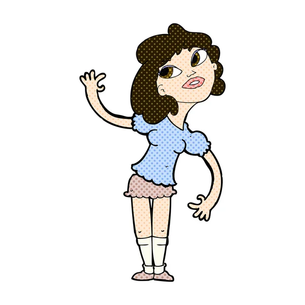 Historieta mujer de dibujos animados ondeando — Vector de stock