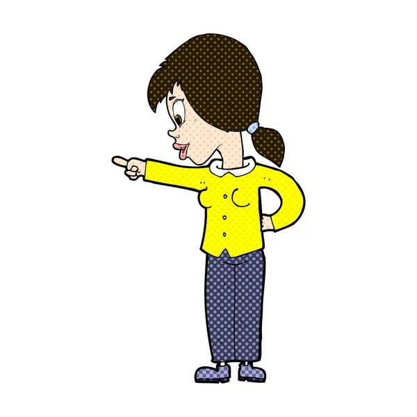 Cómic de dibujos animados entusiasta mujer señalando — Vector de stock