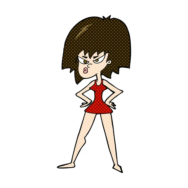 Comic cartoon angry woman in dress — Stock Vector