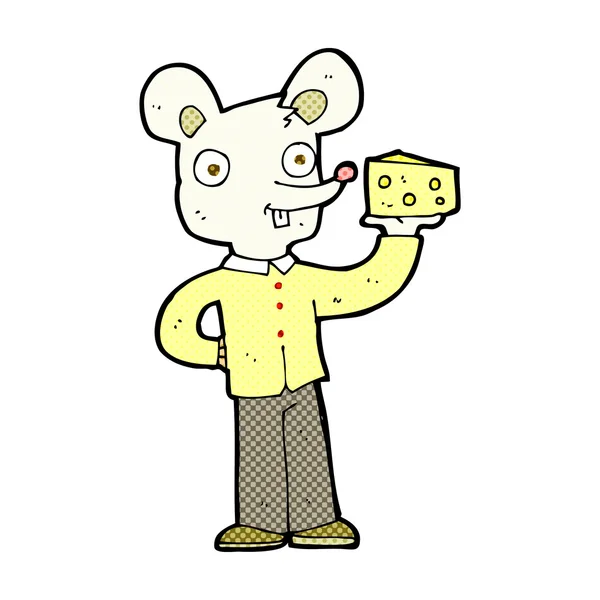 Comic cartoon mouse holding cheese — Stock Vector