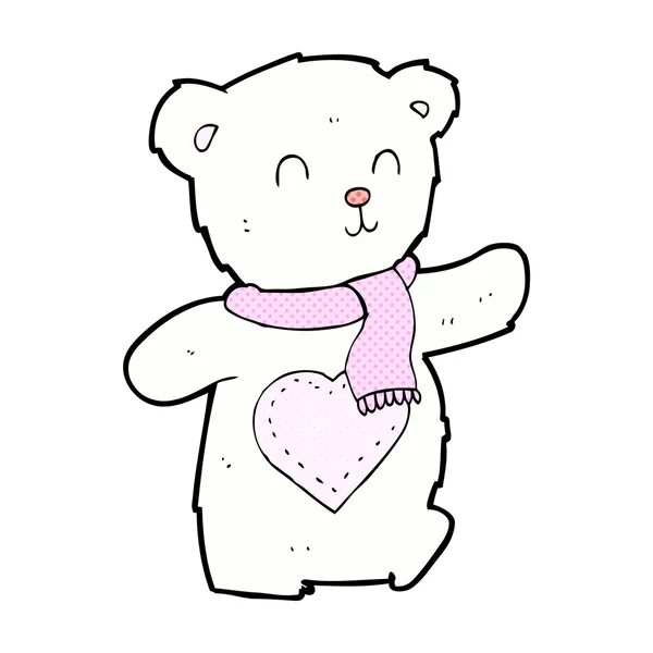 Comic cartoon white teddy bear with love heart — Stock Vector