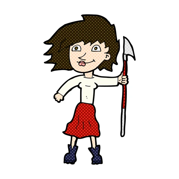 Comic cartoon woman with spear — Stock Vector