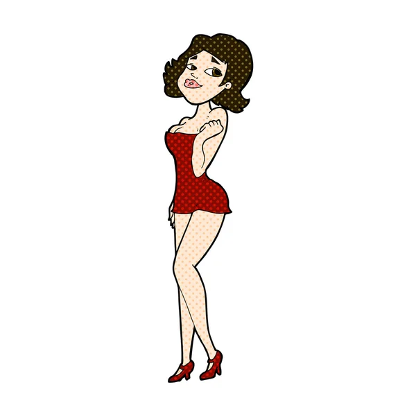 Comic cartoon attractive woman in short dress — Stock Vector
