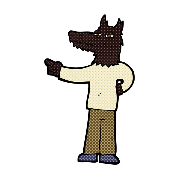 Comic cartoon pointing wolf man — Stock Vector