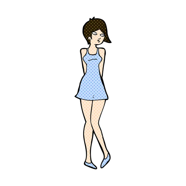 Comic cartoon pretty woman in dress — Stock Vector