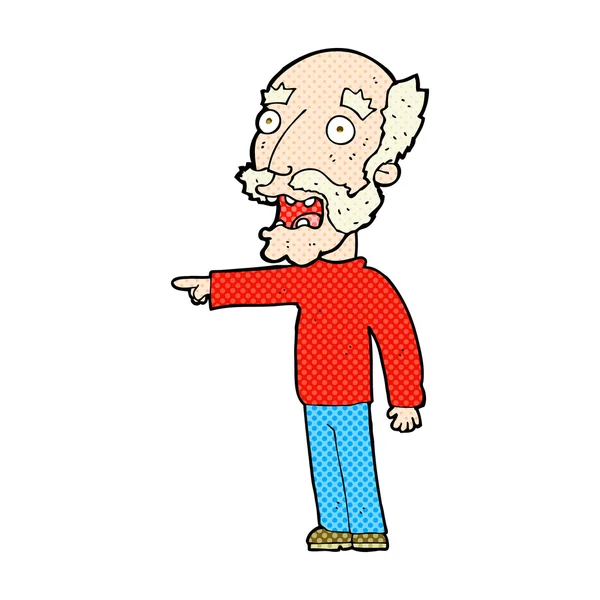 Comic cartoon scared old man pointing — Stock Vector