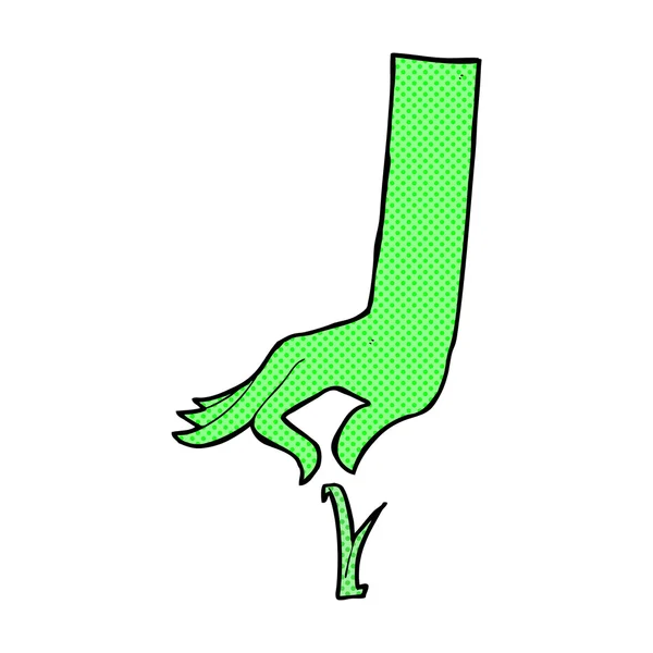 Comic cartoon green hand picking blade of grass — Stock Vector