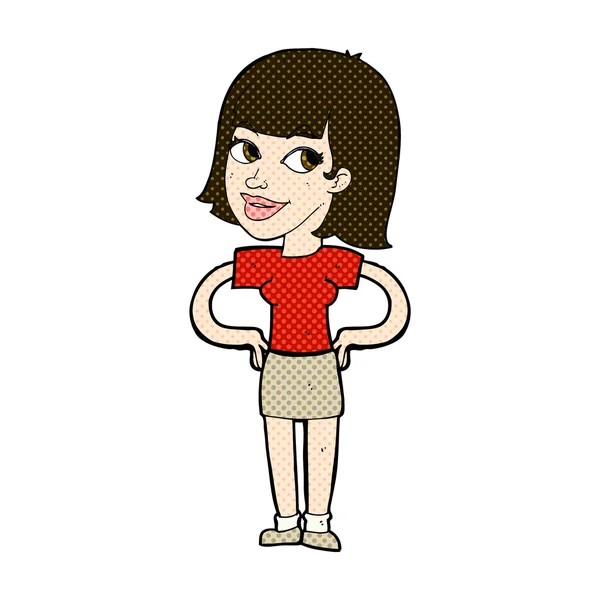 Strip cartoon gelukkig vrouw met handen op de heupen — Stockvector