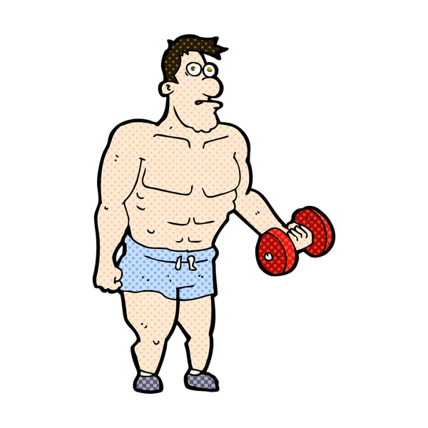 Comic cartoon man lifting weights — Stock Vector