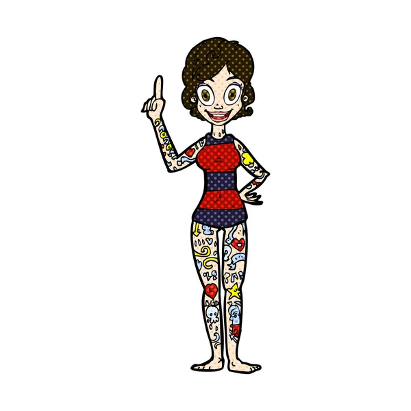 Strip cartoon vrouw bedekt met tatoeages — Stockvector