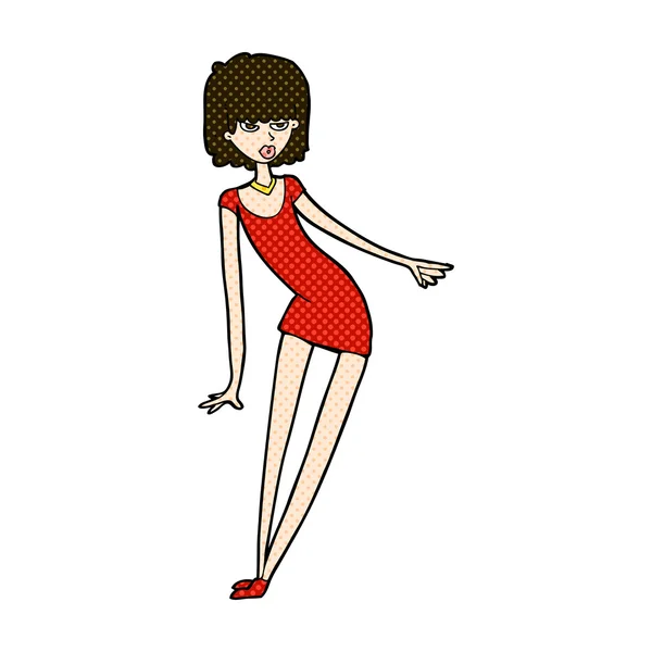 Comic cartoon woman in dress leaning — стоковый вектор