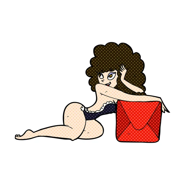 Comic cartoon pin up woman with box — Stock Vector