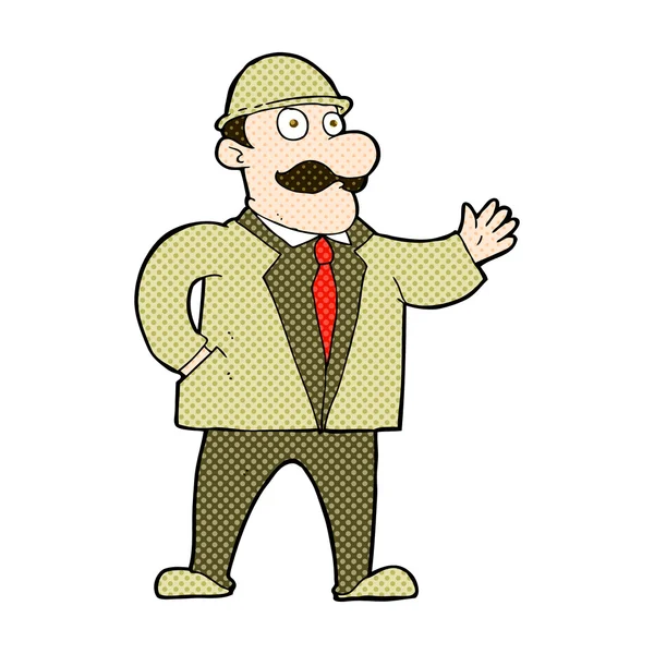 Γελοιογραφία κωμικό συνετή επιχειρηματική άνθρωπος με το καπέλο σφαιριστής — Διανυσματικό Αρχείο