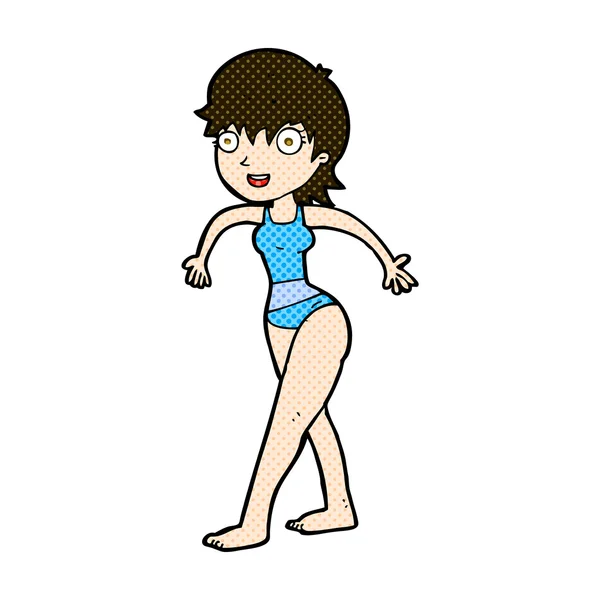 Comic cartoon happy woman in swimming costume — Stock Vector
