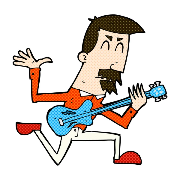 Comic cartoon man playing electric guitar — Stock Vector