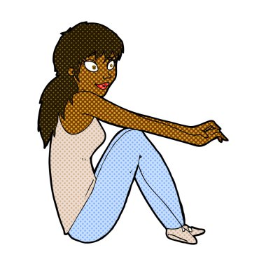 komik karikatür mutlu kadın oturuyordu