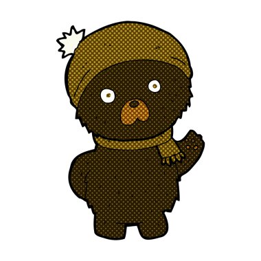 komik karikatür sevimli siyah ayı kış şapka ve atkı