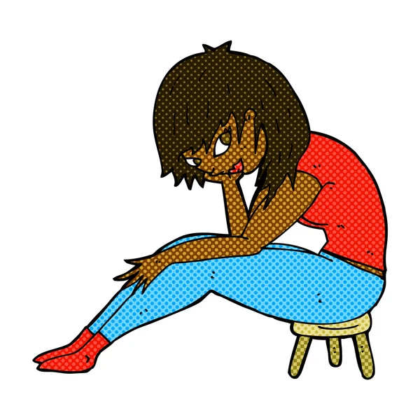 Comic cartoon woman sitting on small stool — Stock Vector
