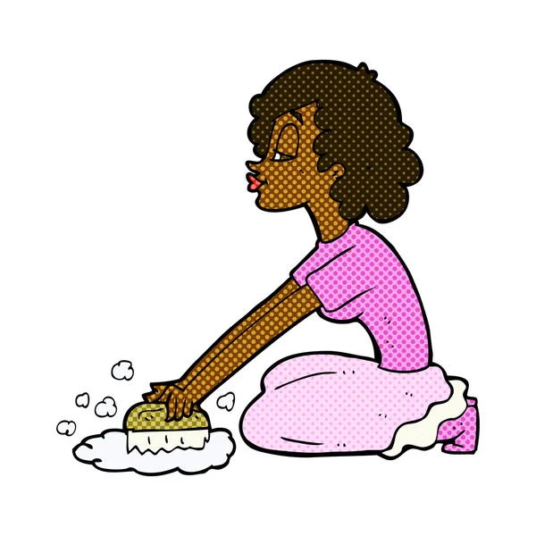 Comic cartoon woman scrubbing floor — Stock Vector