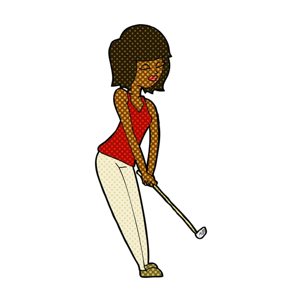 Strip cartoon vrouw golfen — Stockvector
