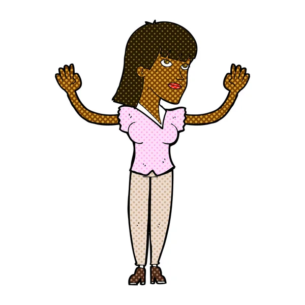 Γελοιογραφία κωμικό γυναίκα, ρίχνοντας τα χέρια στον αέρα — Διανυσματικό Αρχείο