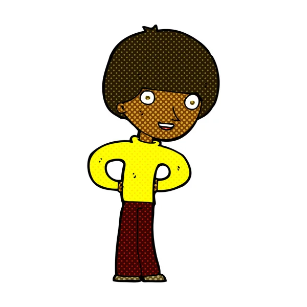 Комічний мультфільм щасливий хлопчик з руками на стегнах — стоковий вектор