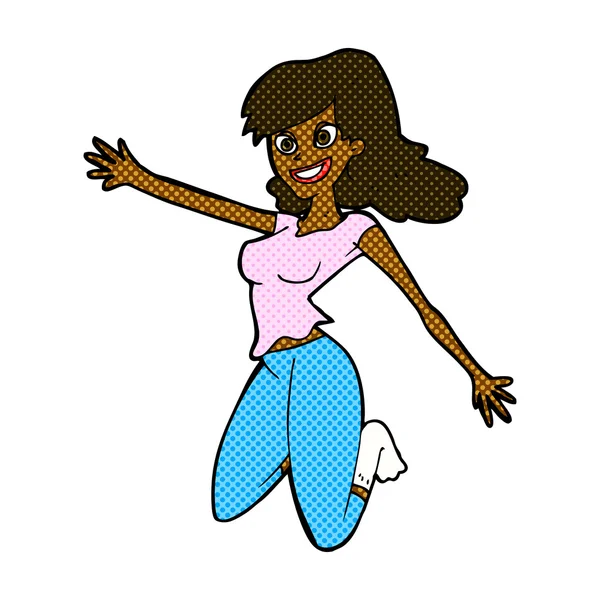 Quadrinhos cartoon jumping mulher — Vetor de Stock