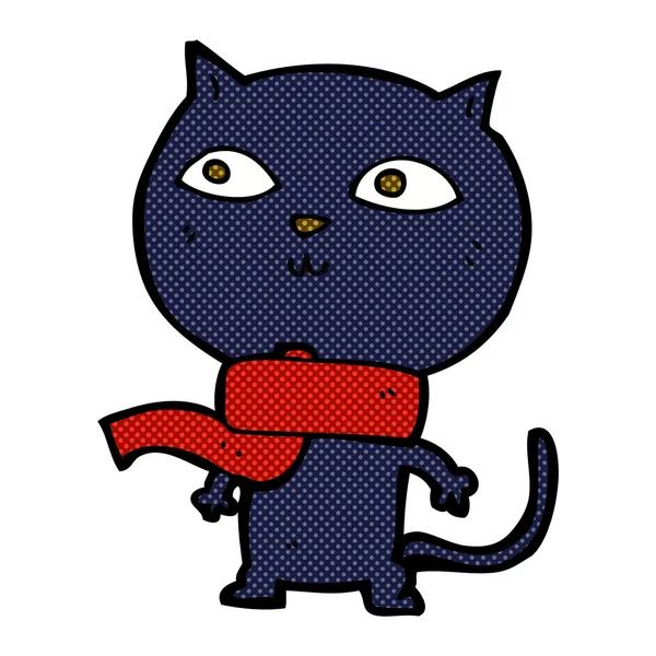 スカーフを身に着けているコミック漫画の黒い猫 — ストックベクタ