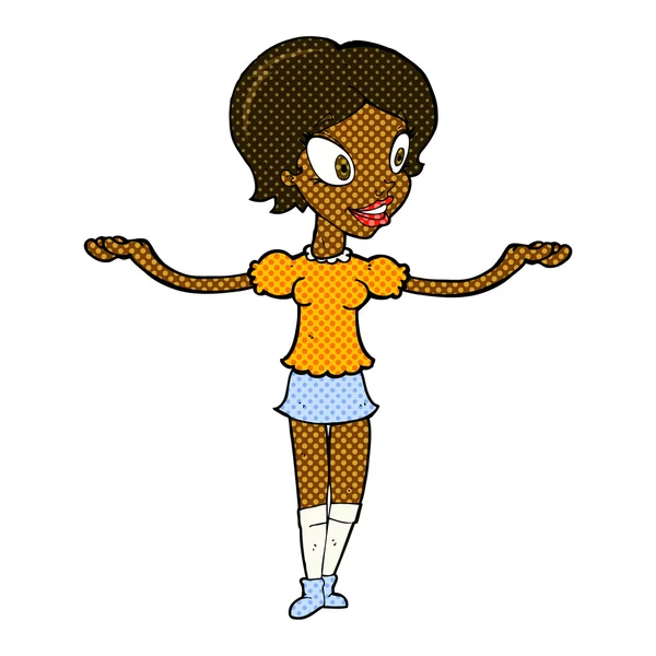 Cómic mujer de dibujos animados con los brazos extendidos — Vector de stock