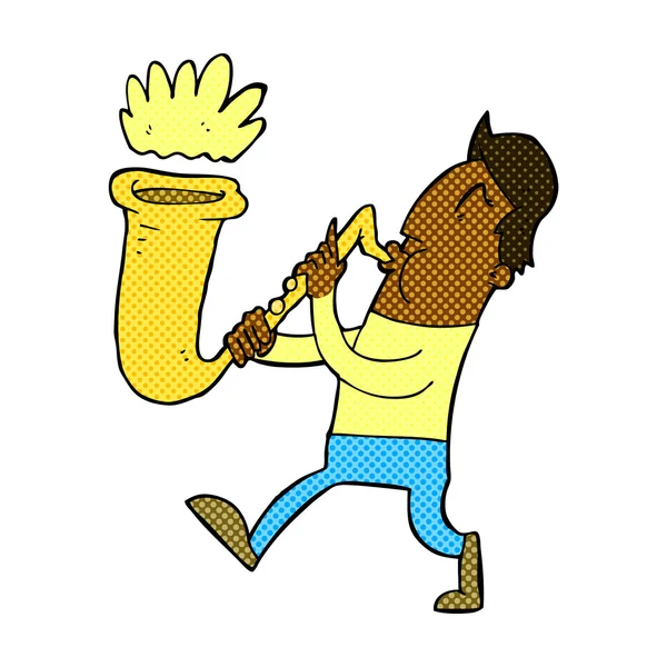 Bande dessinée homme soufflant saxophone — Image vectorielle