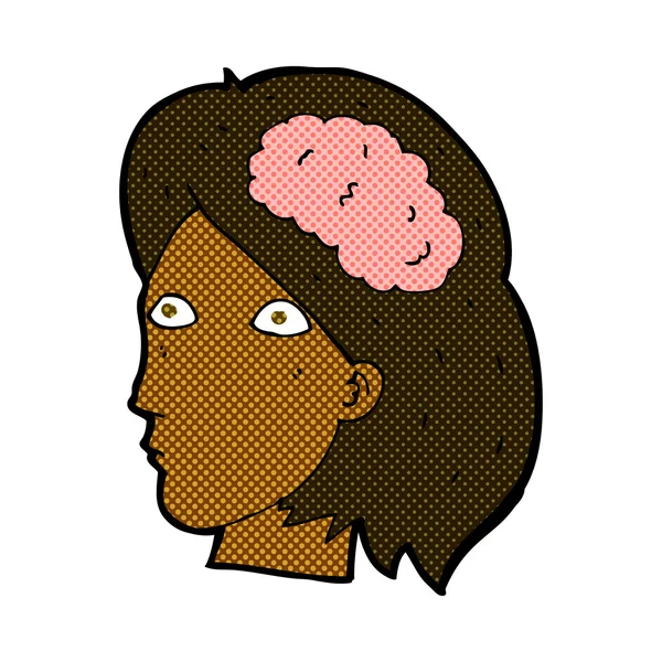 Cartoon quadrinhos cabeça feminina com símbolo do cérebro — Vetor de Stock