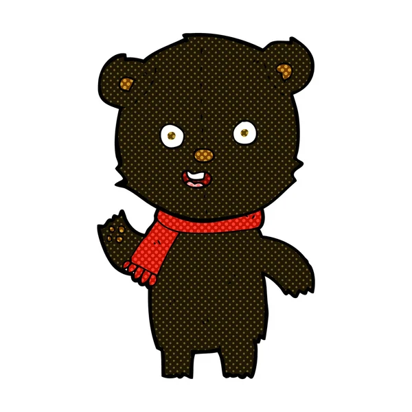 Comic cartoon waving black bear cub with scarf — Stock Vector