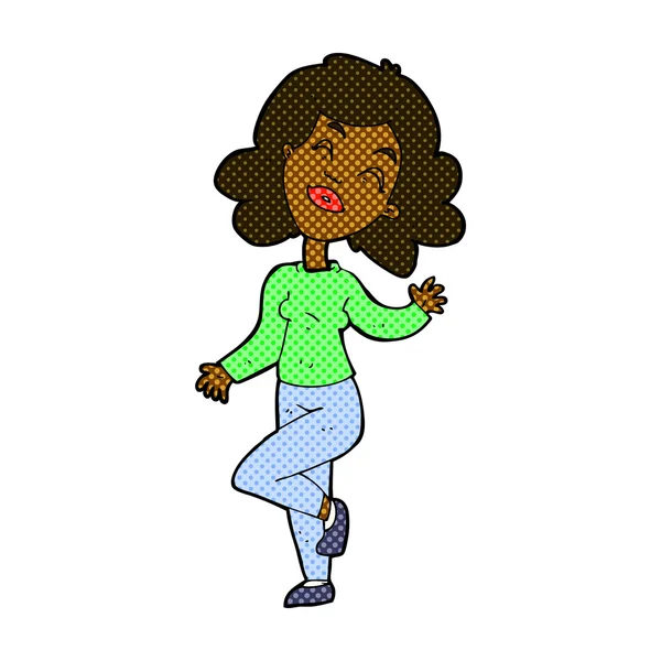 Comic-Zeichentrick glückliche Frau tanzt — Stockvektor