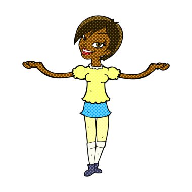 komik karikatür kadın açık kol hareketi yapma