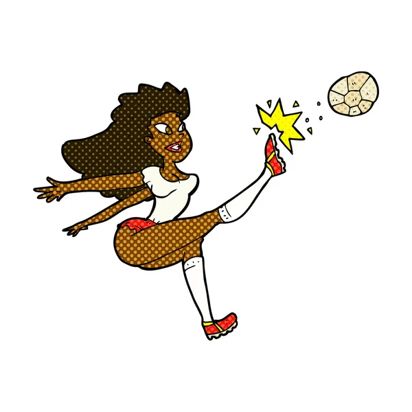 Comic cartoon female soccer player kicking ball — Stock Vector