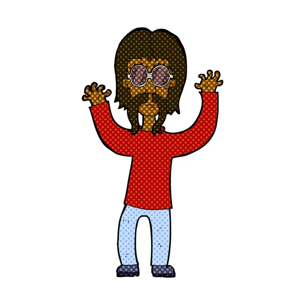 Historieta de dibujos animados hippie hombre agitando brazos — Vector de stock
