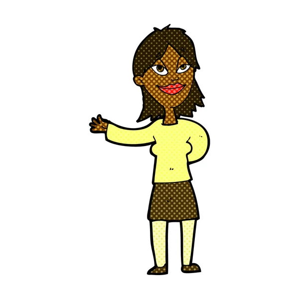 Historieta mujer de dibujos animados gesto para mostrar algo — Archivo Imágenes Vectoriales