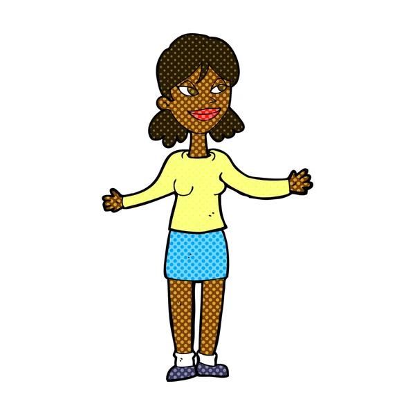 Cómic dibujos animados mujer feliz hombros encogiéndose de hombros — Vector de stock