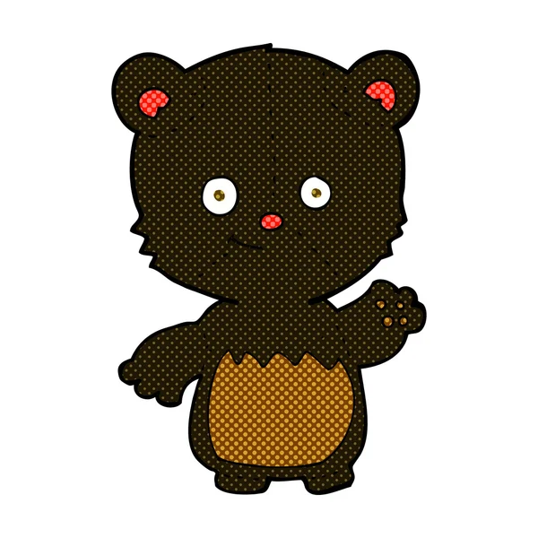 Comic cartoon little black bear waving — Stock Vector