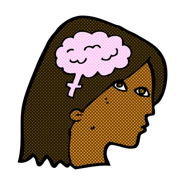 Comic cartoon female head with brain symbol — Stock Vector