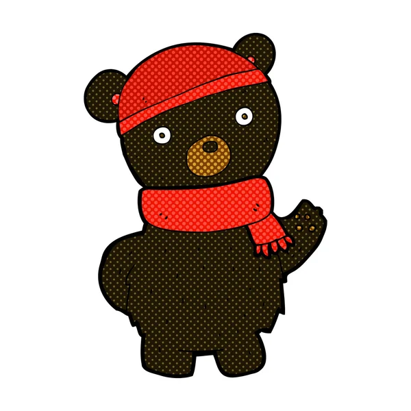 Comic cartoon black bear in winter hat and scarf — Stock Vector