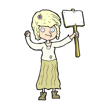 komik karikatür hippi kız protesto işareti ile
