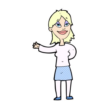 komik karikatür kadın bir şey göstermek için el hareketi