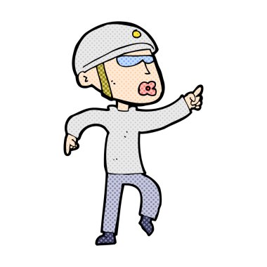 komik karikatür adam Bisiklet kask işaret içinde