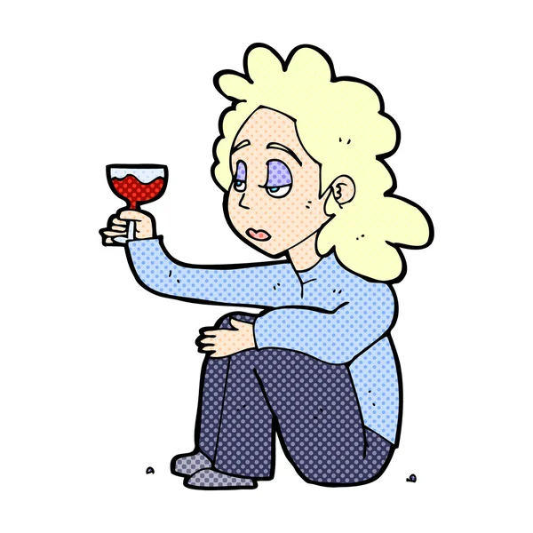 Comic cartoon unhappy woman with glass of wine — Stock Vector