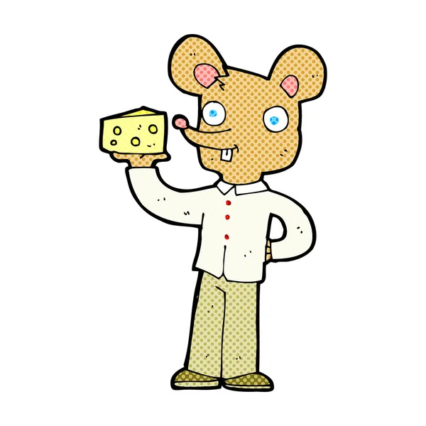 Comic cartoon mouse holding cheese — Stock Vector