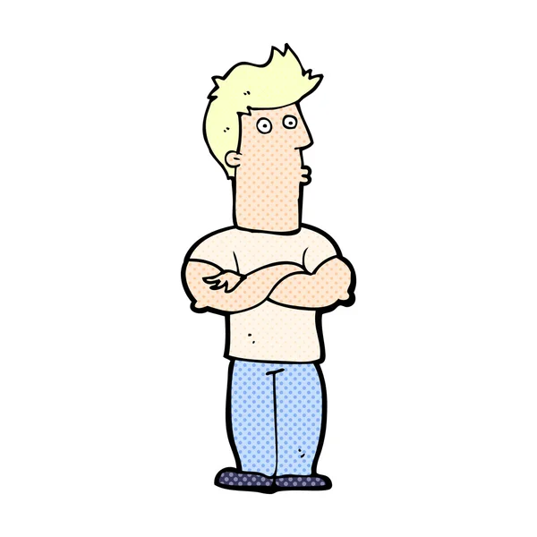 Γελοιογραφία κωμικό άνθρωπος με διπλωμένα χέρια — Διανυσματικό Αρχείο