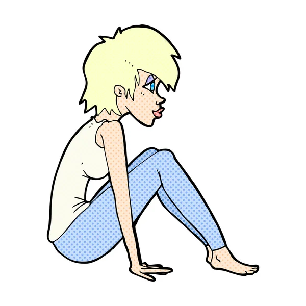 Comic Cartoon Frau sitzt — Stockvektor