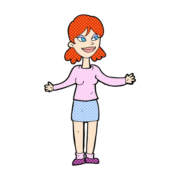 Γελοιογραφία κωμικό ευτυχισμένη γυναίκα shruggin τους ώμους — Διανυσματικό Αρχείο