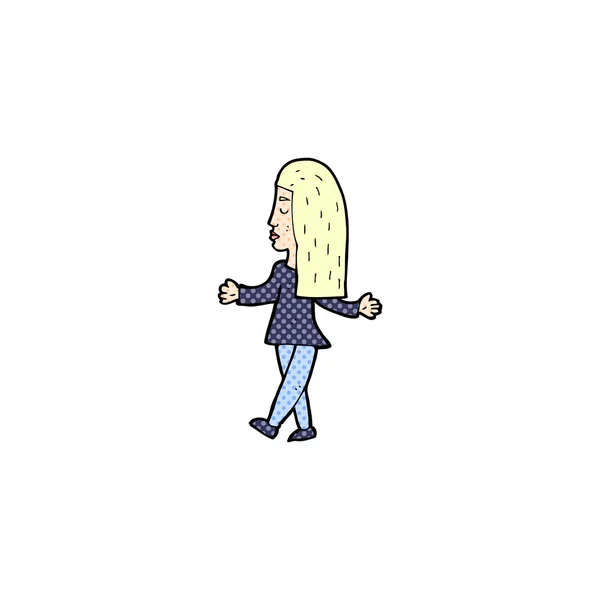 Cómic de dibujos animados mujer encogiéndose de hombros — Vector de stock